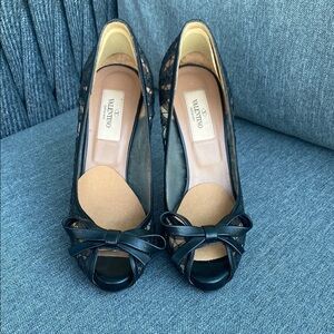 Valentino Black Lace Peep-Toe Heels